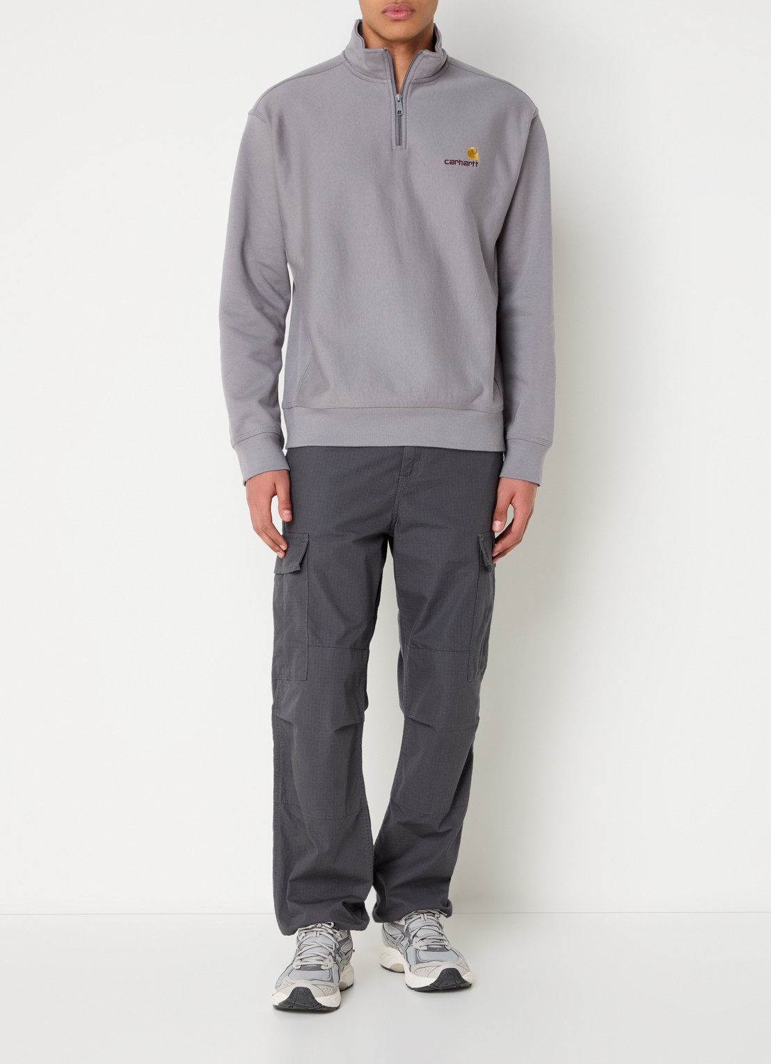 Carhartt WIP American Script sweater met halve rits en logo - voorkant 4 grijs