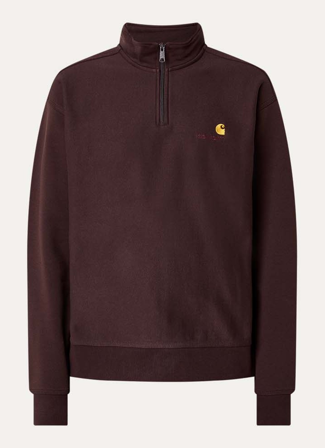 Carhartt WIP American Script sweater met halve rits en logo - voorkant 3 donkerbruin