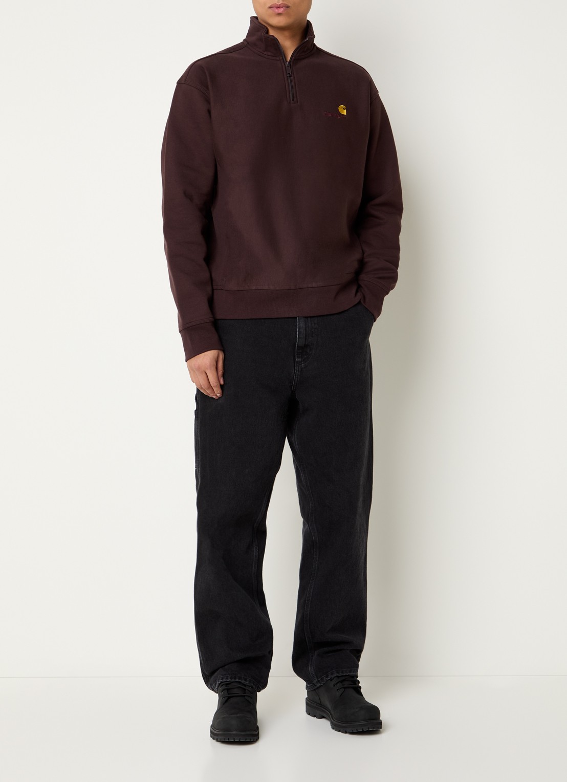 Carhartt WIP American Script sweater met halve rits en logo - voorkant 4 donkerbruin