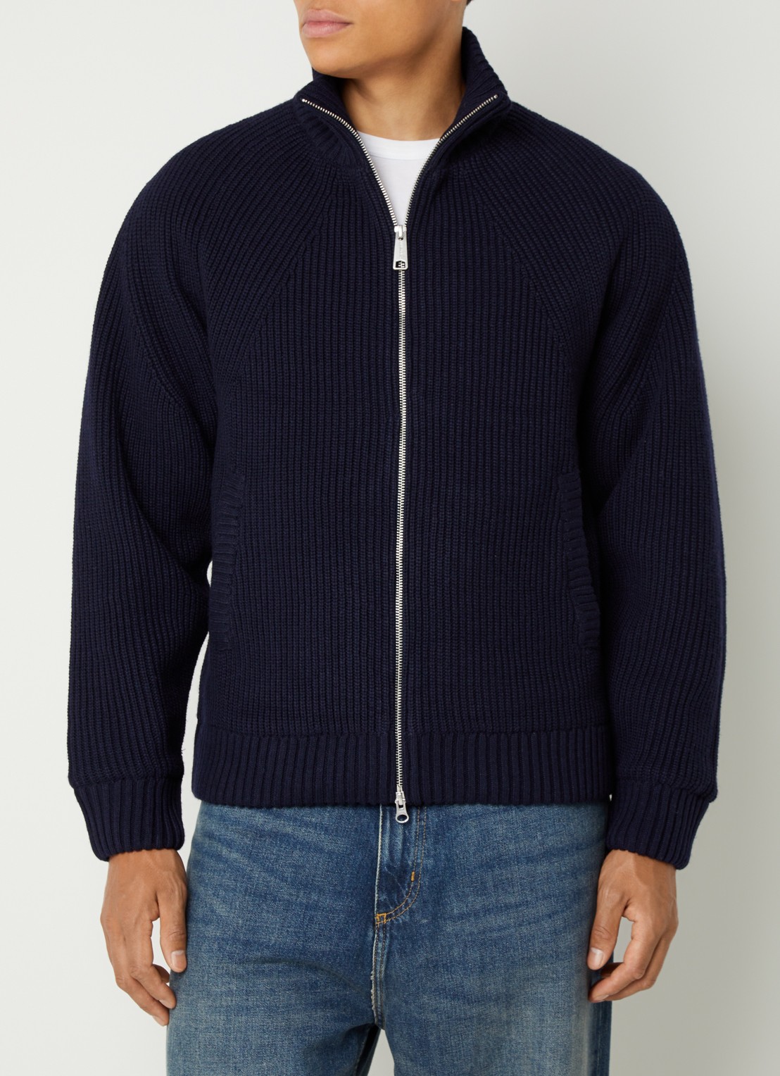 Carhartt WIP Banley ribgebreid vest in wolblend - detail donkerblauw