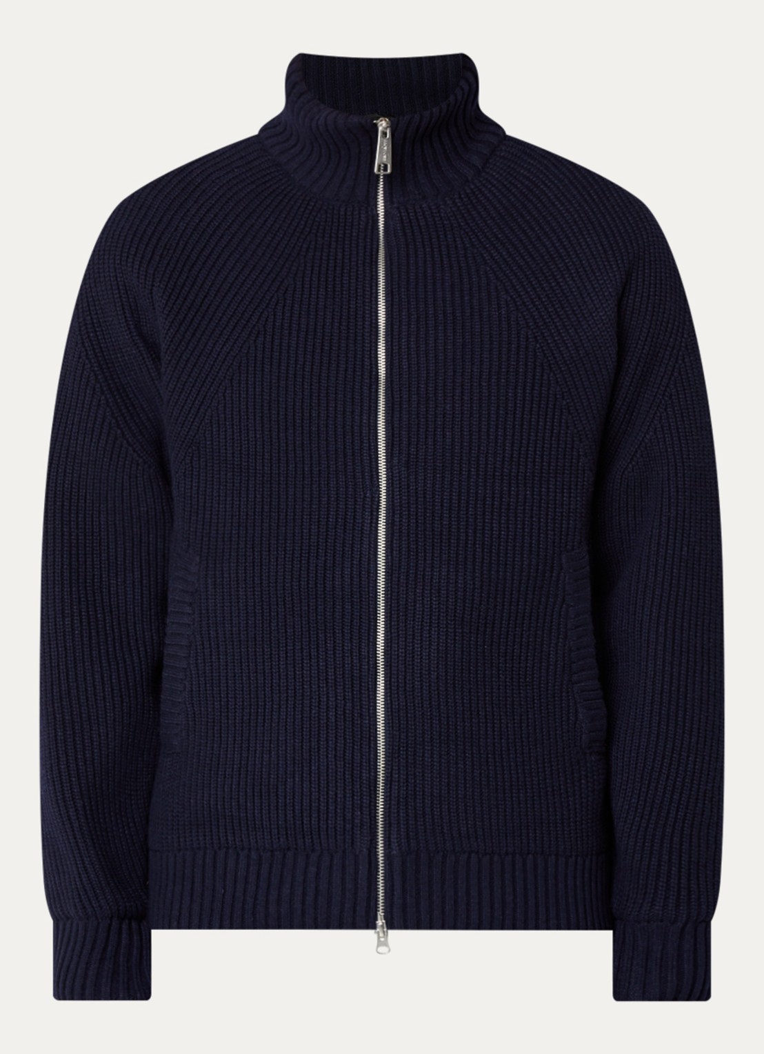Carhartt WIP Banley ribgebreid vest in wolblend - voorkant 2 donkerblauw