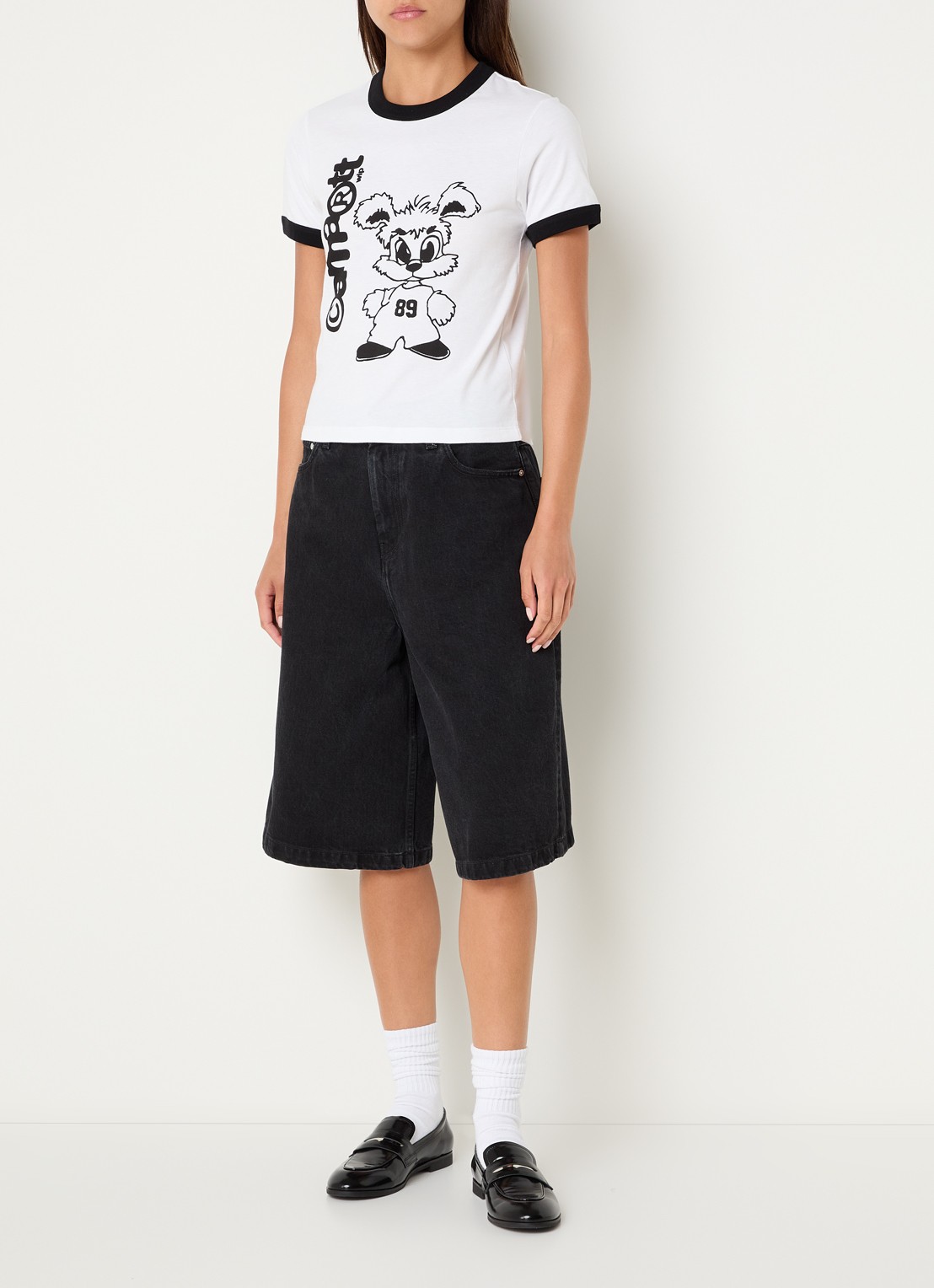 Carhartt WIP Bellmont mid waist loose fit korte broek met gespdetail - voorkant 3 zwart
