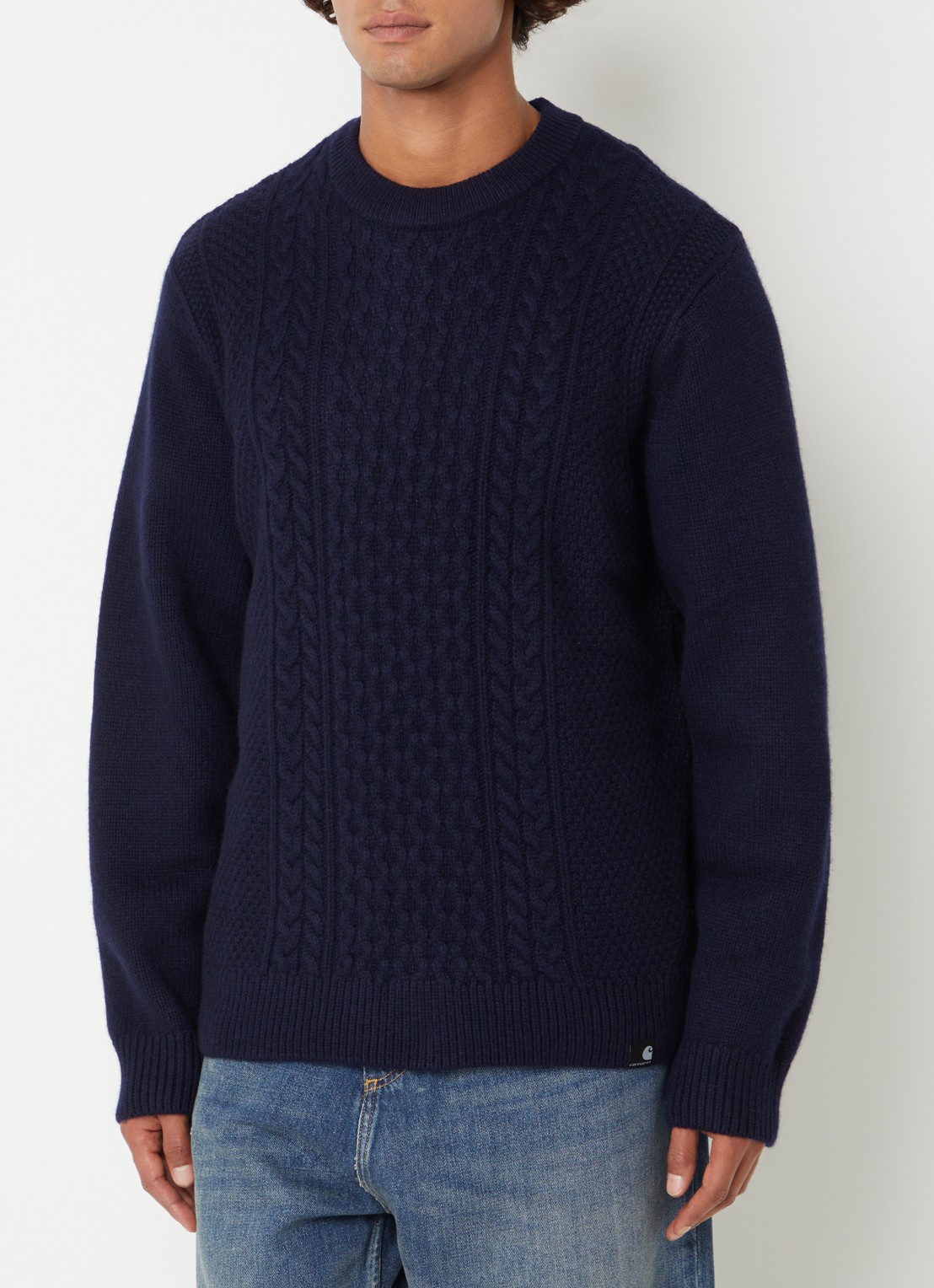 Carhartt WIP Caster kabelgebreide trui in wolblend - detail 4 donkerblauw
