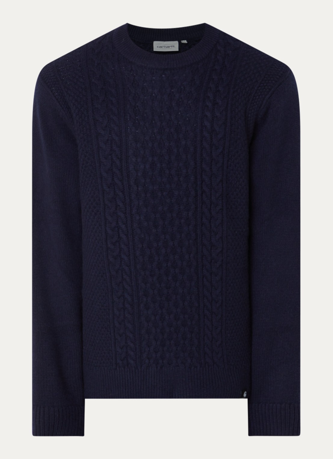 Carhartt WIP Caster kabelgebreide trui in wolblend - voorkant 2 donkerblauw