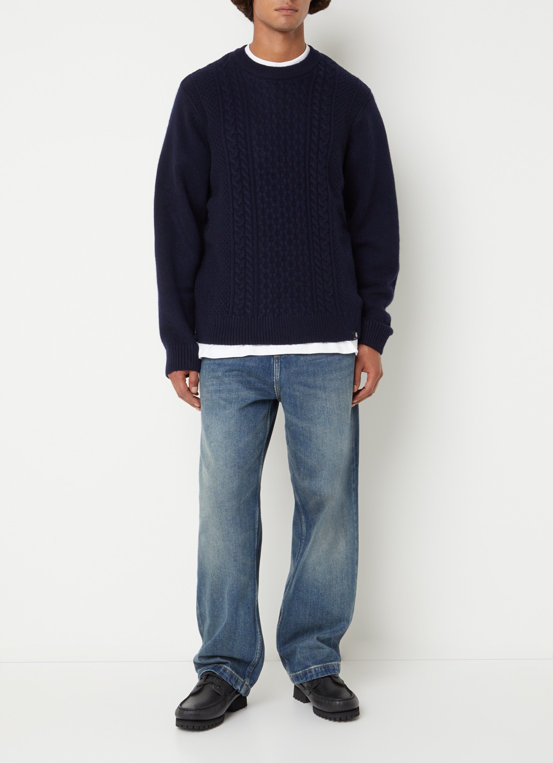 Carhartt WIP Caster kabelgebreide trui in wolblend - voorkant 3 donkerblauw