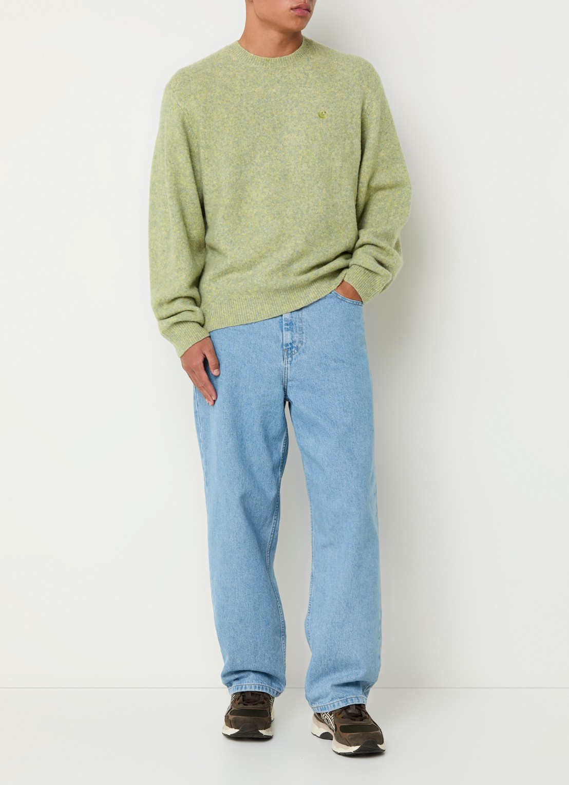Carhartt WIP Curtis fijngebreide trui met gemêleerd dessin - voorkant 3 lichtgroen