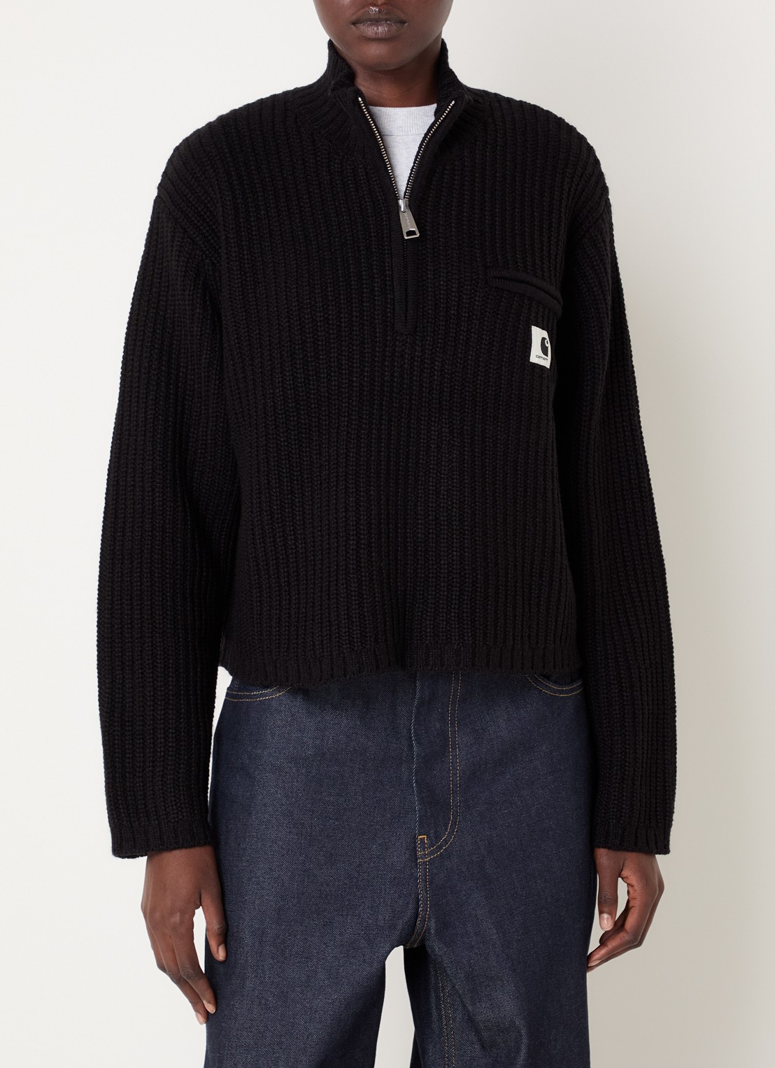 Carhartt WIP Detroit ribgebreide trui in wolblend met halve rits - detail 3 zwart