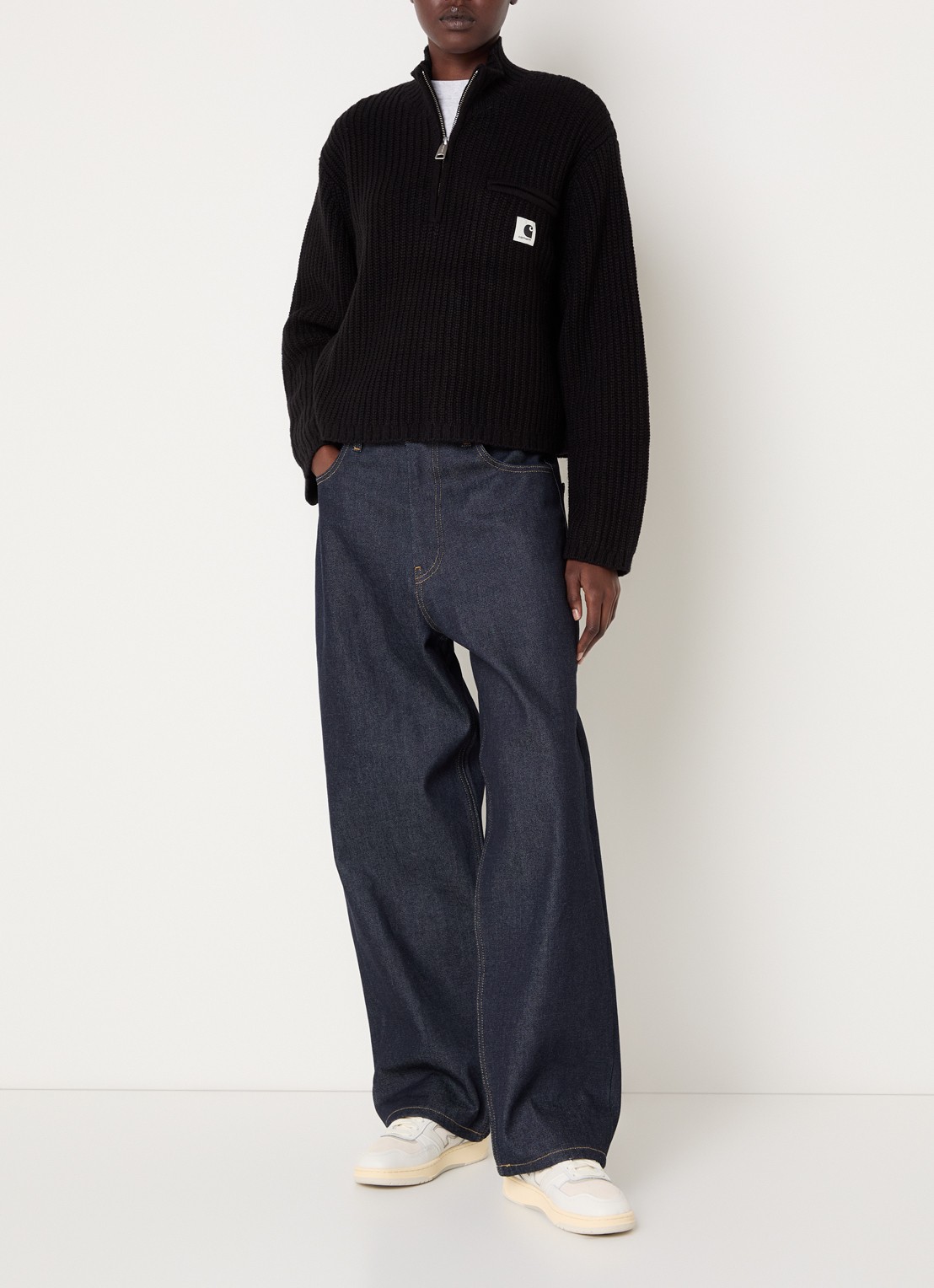 Carhartt WIP Detroit ribgebreide trui in wolblend met halve rits - voorkant 2 zwart
