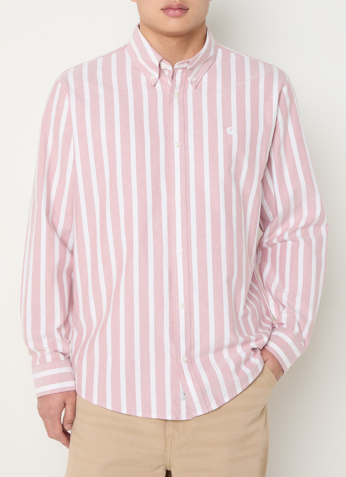 Carhartt WIP Deven regular fit overhemd met streepprint - detail 4 lichtrood