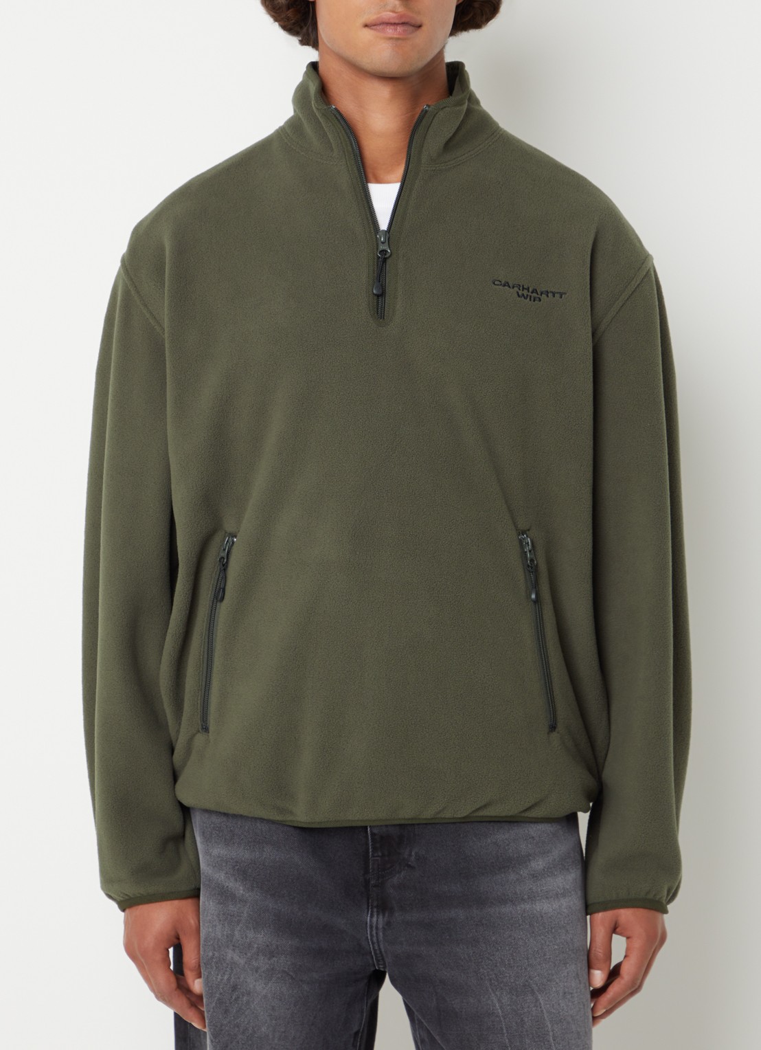 Carhartt WIP Edmore sweater van teddy met opstaande kraag - detail 4 olijfgroen