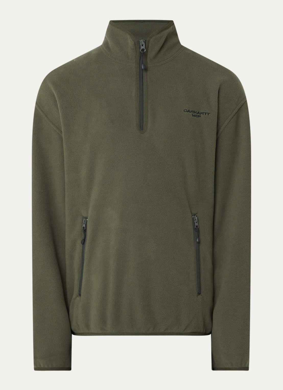 Carhartt WIP Edmore sweater van teddy met opstaande kraag - voorkant olijfgroen