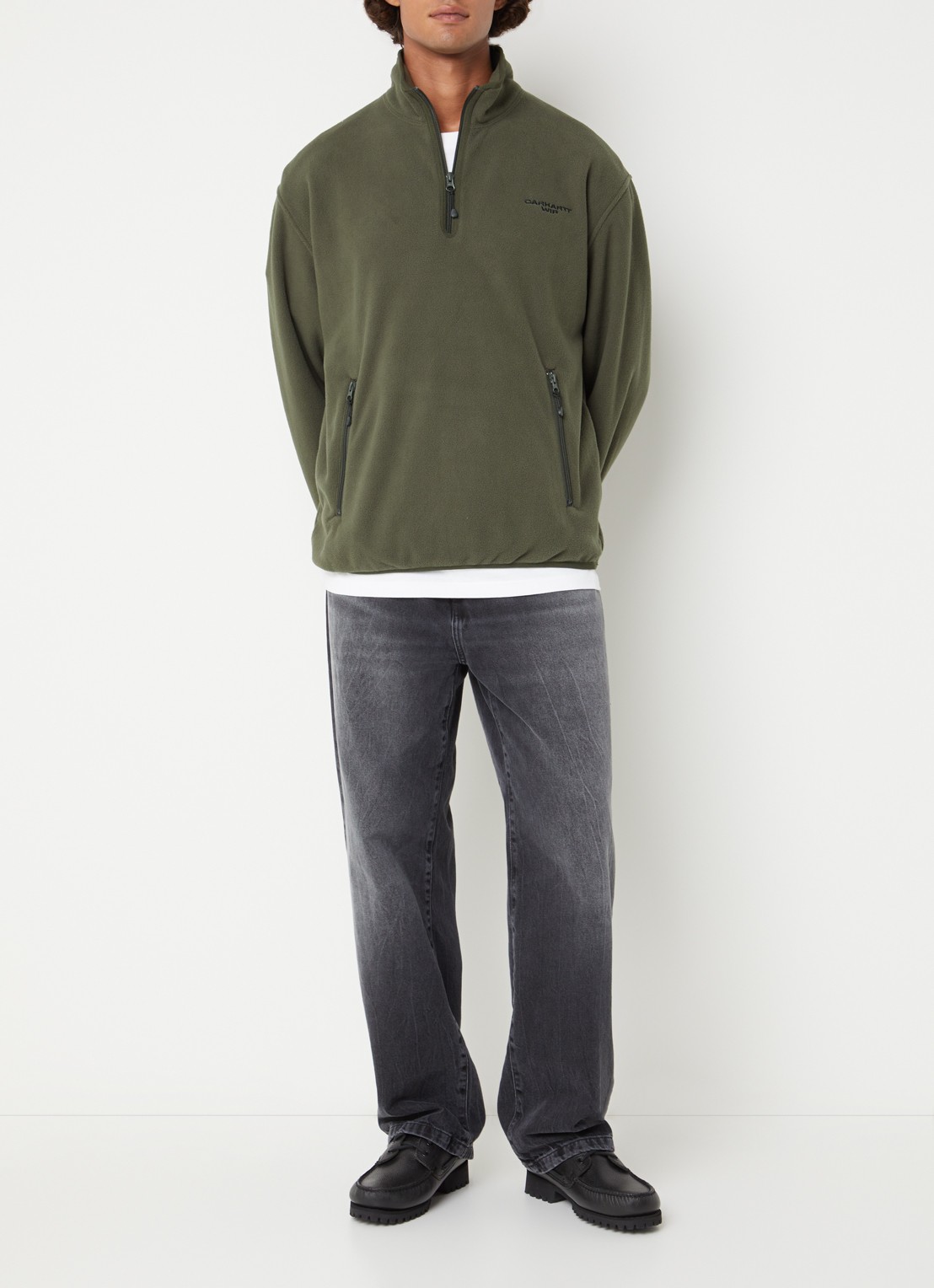 Carhartt WIP Edmore sweater van teddy met opstaande kraag - voorkant 2 olijfgroen