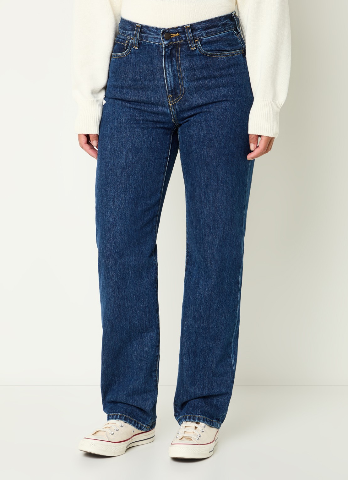 Carhartt WIP High waist straight leg jeans met donkere wassing - detail 4 indigo