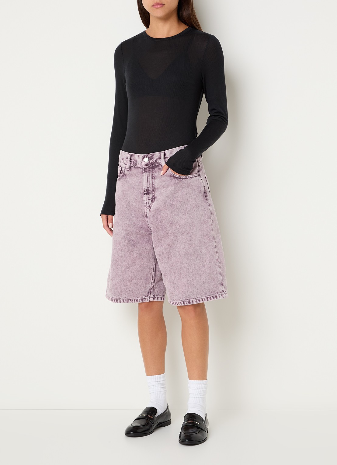 Carhartt WIP High waist wide fit korte broek van denim met donkere wassing - voorkant 3 aubergine