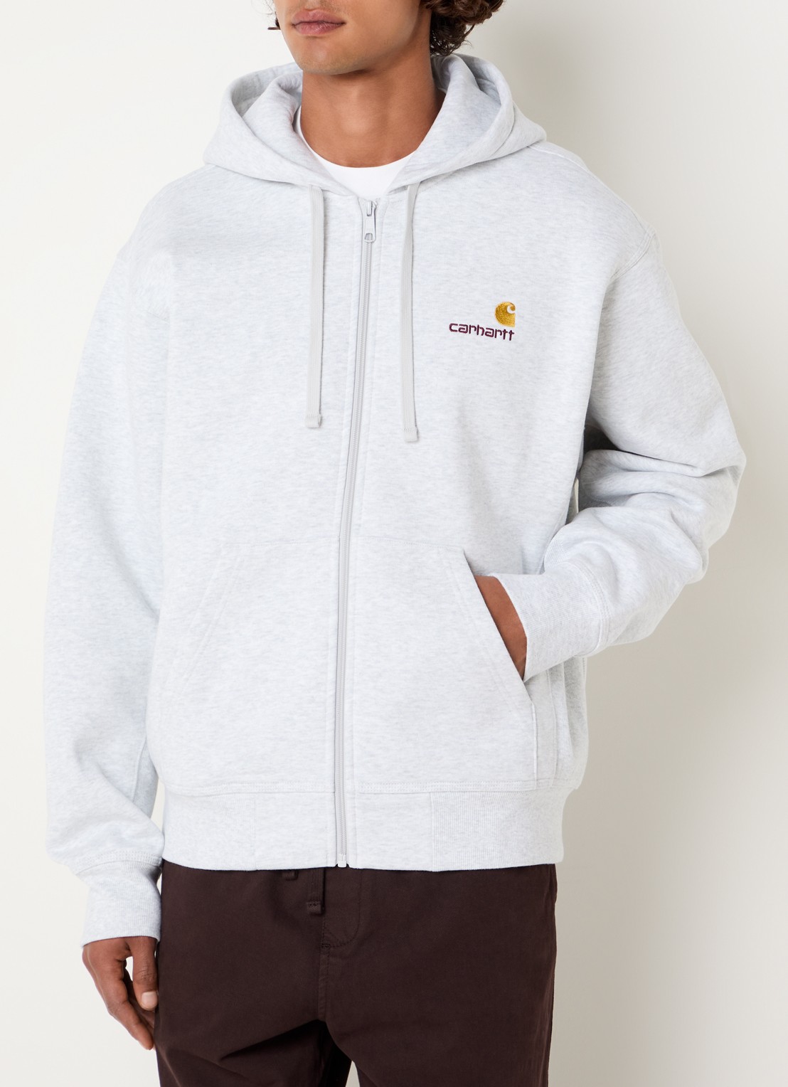 Carhartt WIP Hooded American Script sweatvest met logoborduring - detail grijs