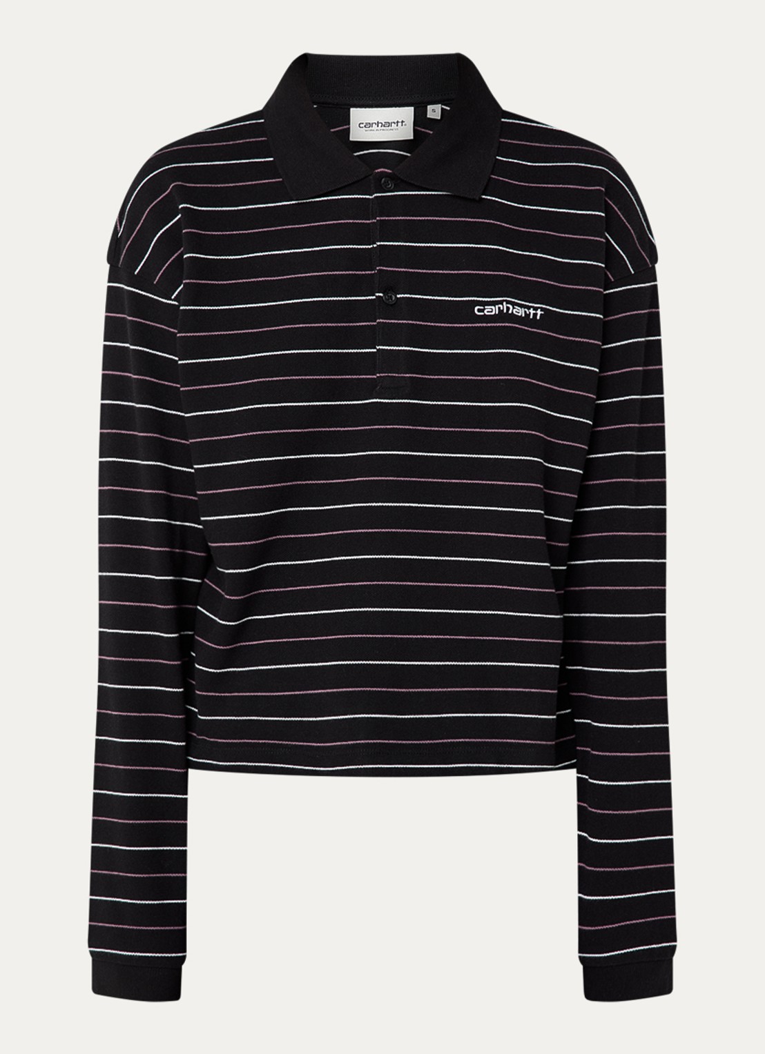 Carhartt WIP Mabel cropped polo van piqué katoen met streepprint - voorkant 2 zwart