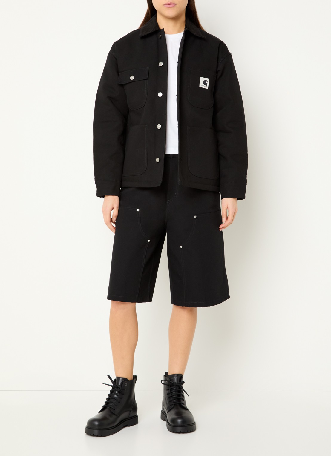 Carhartt WIP Michigan jack met opgestikte zakken en logo - voorkant 3 zwart
