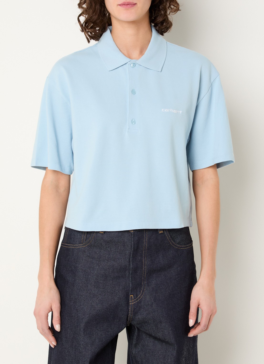 Carhartt WIP Polo met logo - detail 4 lichtblauw