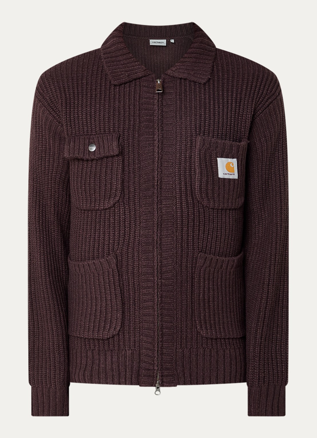 Carhartt WIP Ribgebreid vest in wolblend met opgestikte zakken - voorkant bordeauxrood