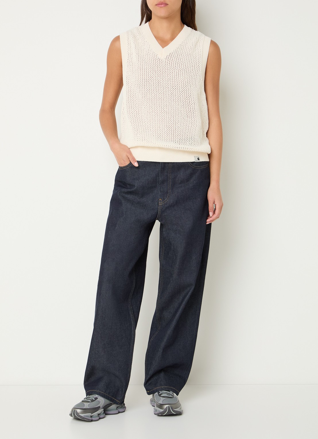 Carhartt WIP Stockton grofgebreide spencer met opengewerkt dessin - voorkant 3 gebroken wit