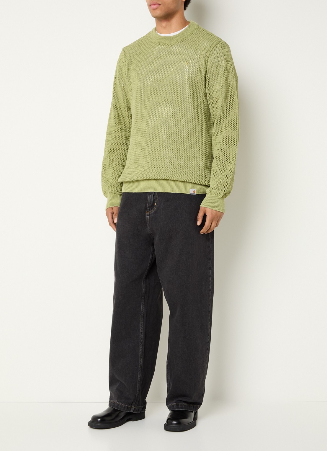 Carhartt WIP Stockton grofgebreide trui met opengewerkt dessin - voorkant 2 beige