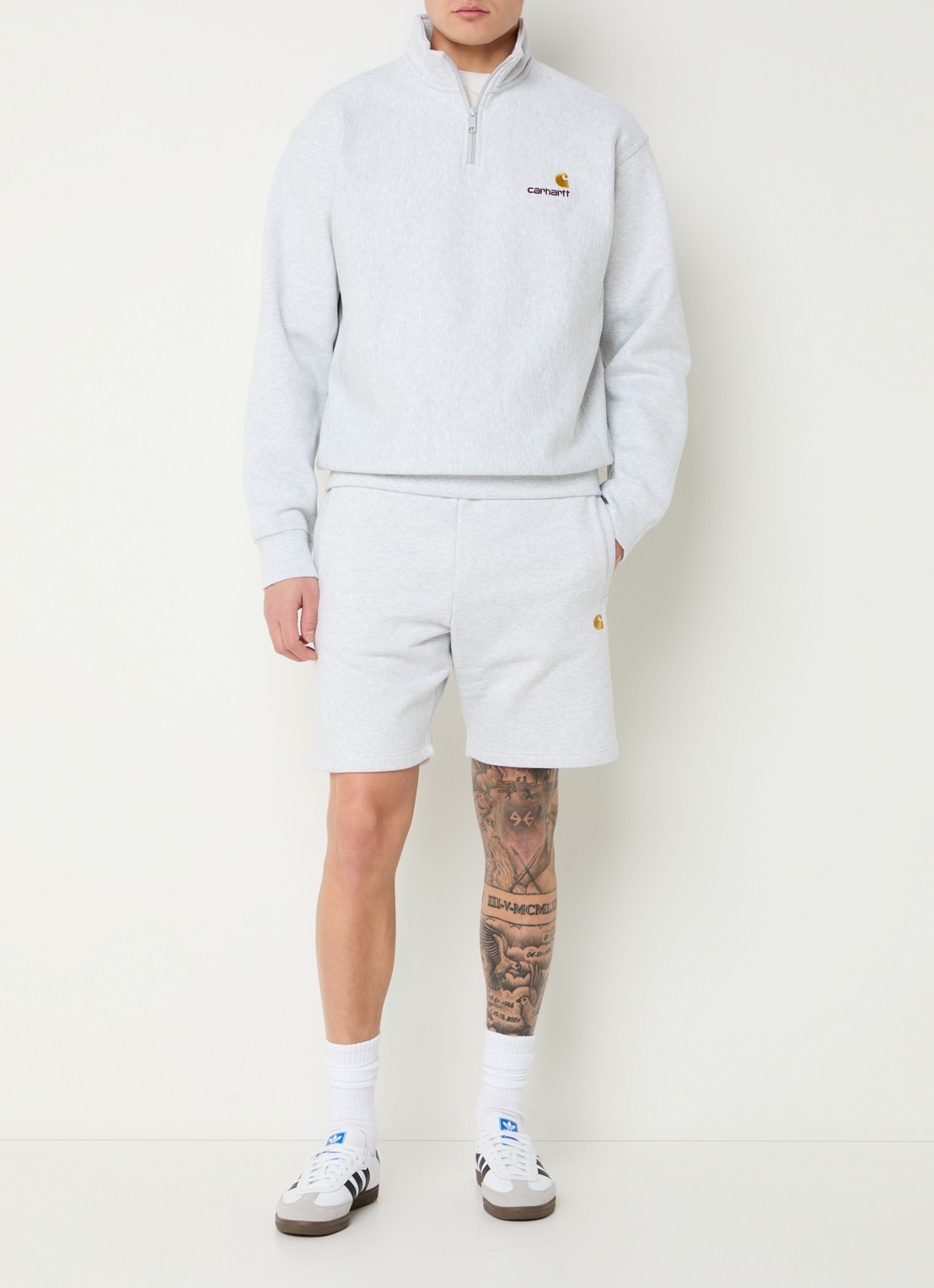 Carhartt WIP Sweater met halve rits en logoborduring - voorkant 3 grijsmele