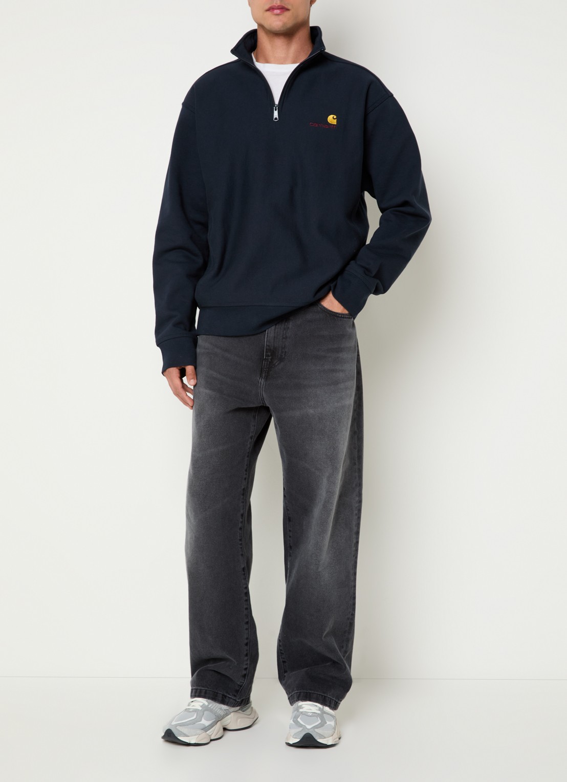Carhartt WIP Sweater met logo en halve rits - voorkant 2 donkerblauw
