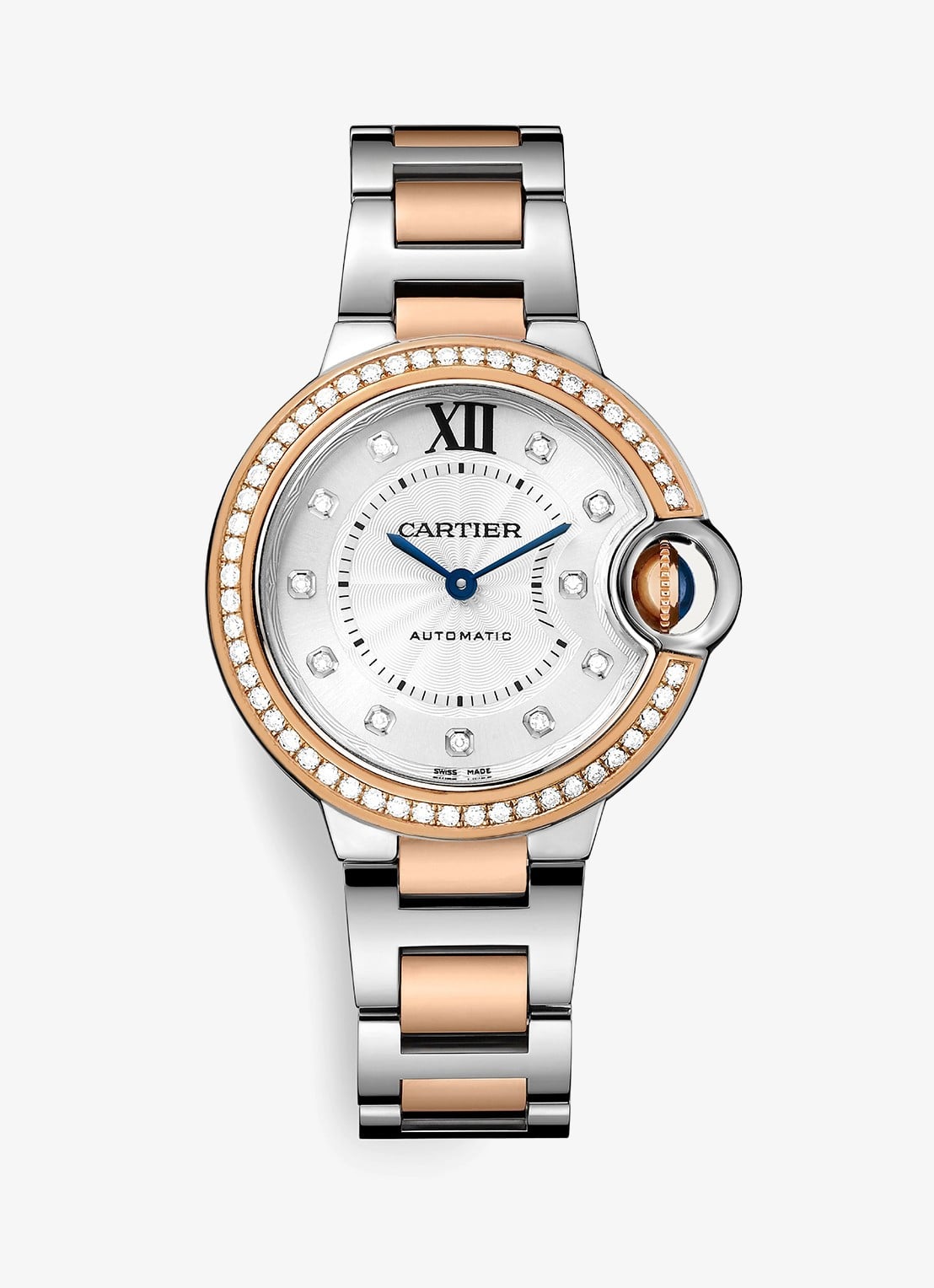 Cartier Ballon Bleu de Cartier horloge, 33 mm, van 18 karaat roségoud en staal met 0,63 ct diamant CRW3BB0023 - voorkant roségoud