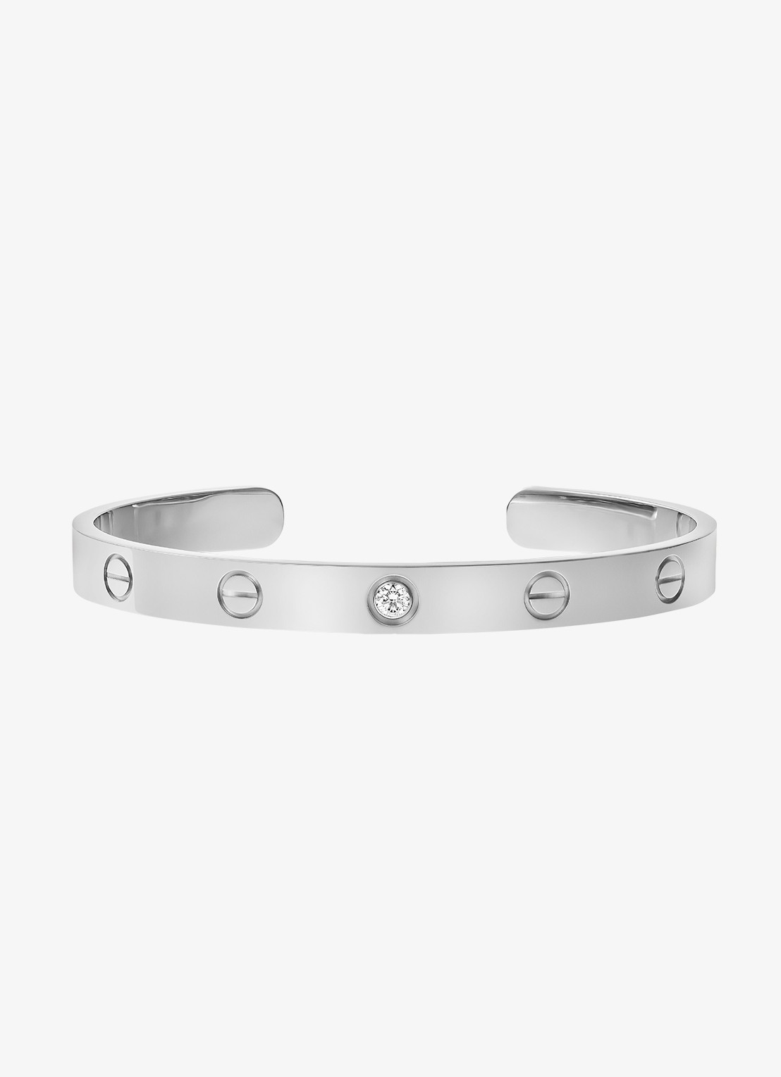 Cartier LOVE bangle open klassiek model van 18 karaat witgoud met 0.10 ct diamant CRB6029917 - voorkant witgoud