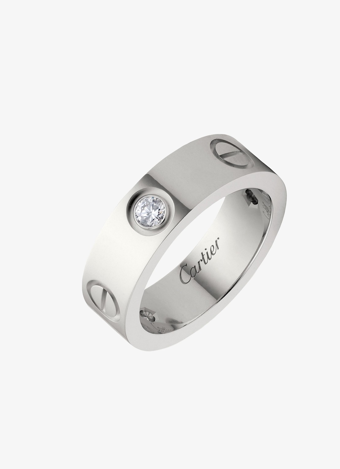 Cartier LOVE trouwring, klassiek model van 18 karaat witgoud met 0.23 ct diamant CRB40325 - detail witgoud