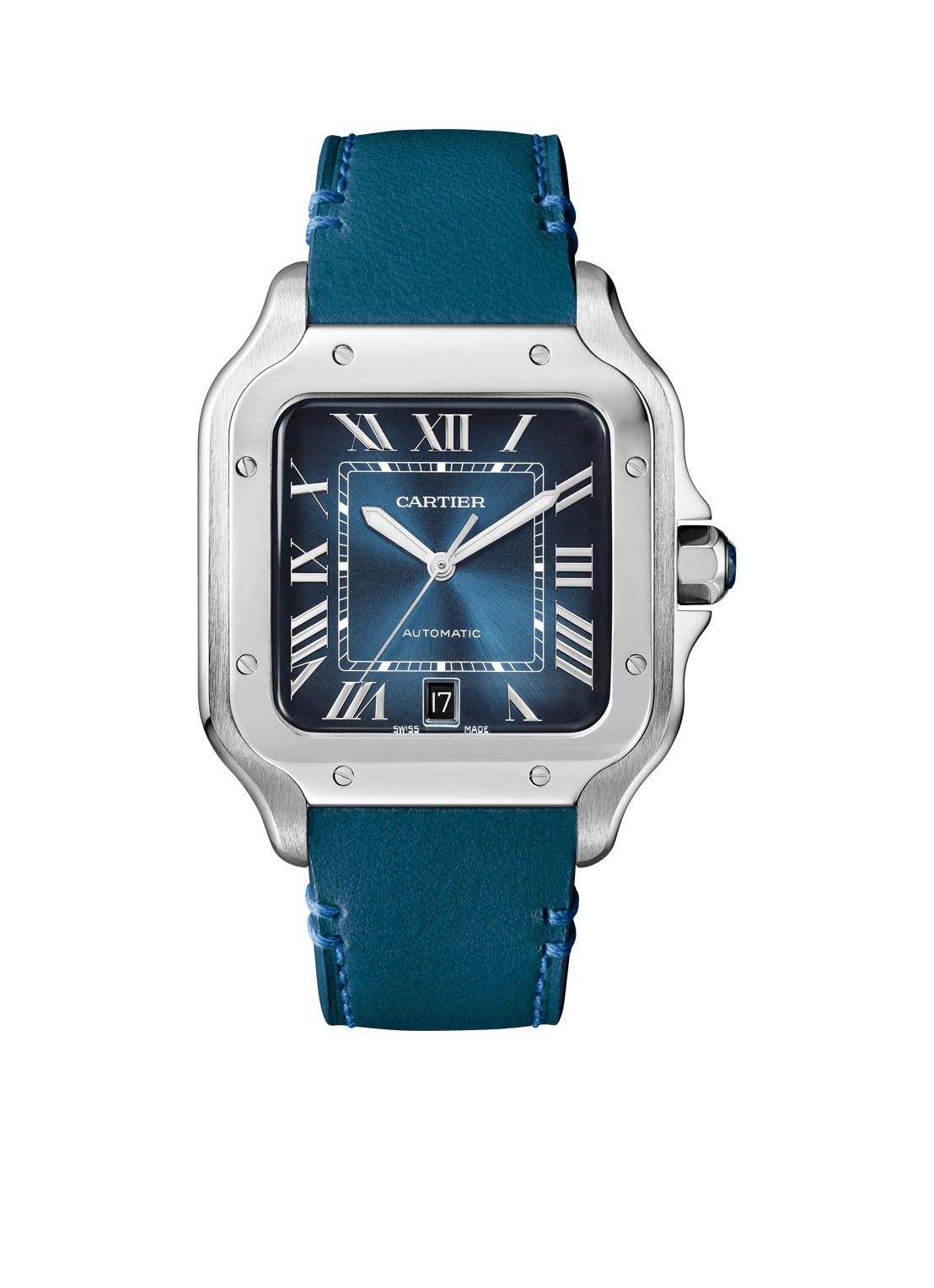 Cartier Santos de Cartier horloge, large model, Blauwe wijzerplaat, automatisch uurwerk, staal, verwisselbare staal en lederen horlogebanden CRWSSA0030 - detail 2 zilver