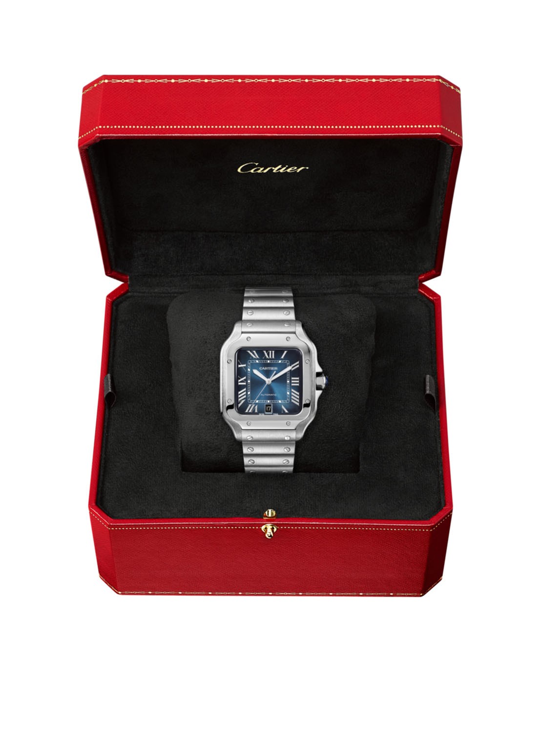 Cartier Santos de Cartier horloge, large model, Blauwe wijzerplaat, automatisch uurwerk, staal, verwisselbare staal en lederen horlogebanden CRWSSA0030 - voorkant 4 zilver