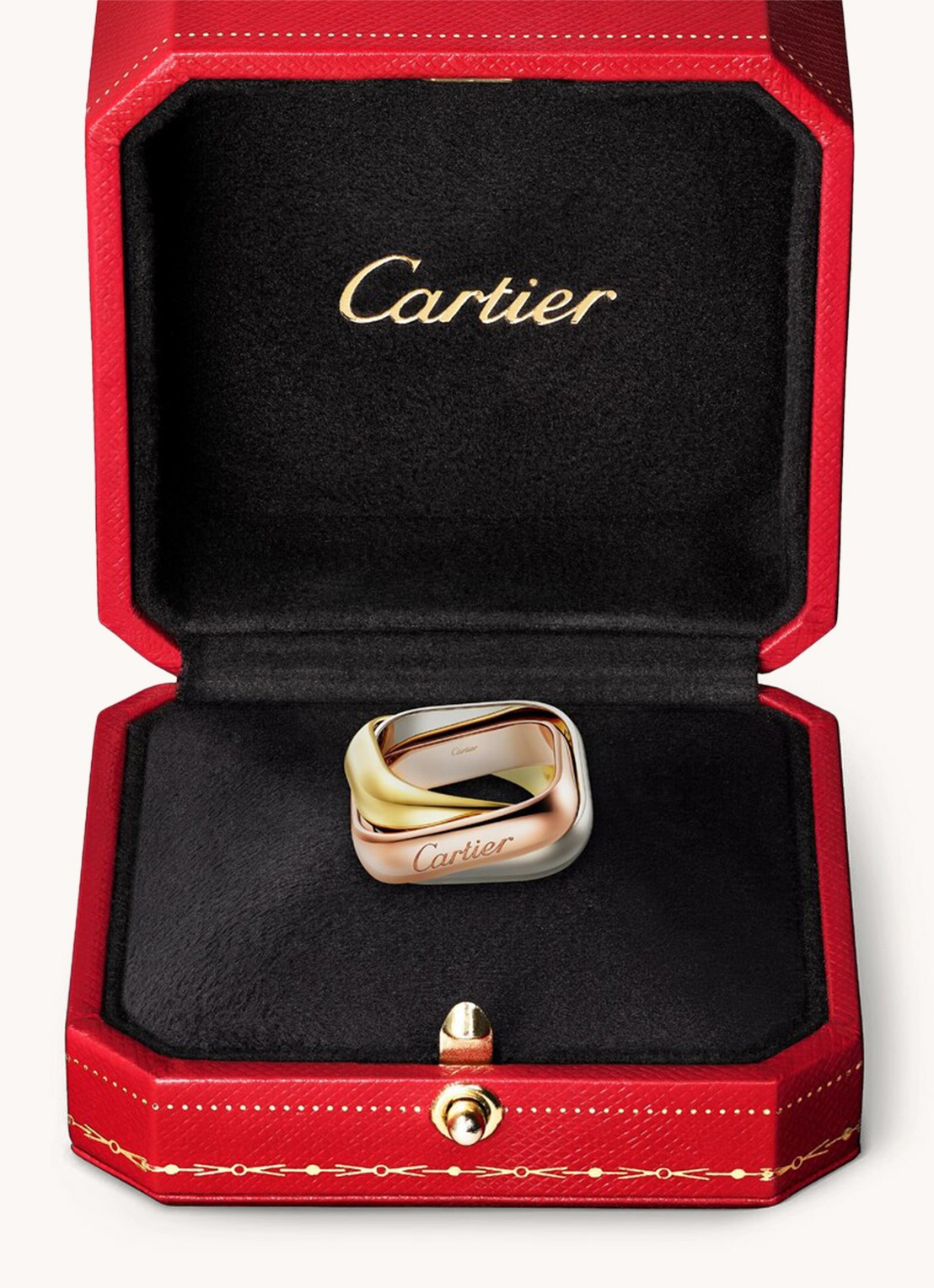 Cartier Trinity ring van 18 karaat rosé-, geel-, en witgoud CRB42399 - detail goud
