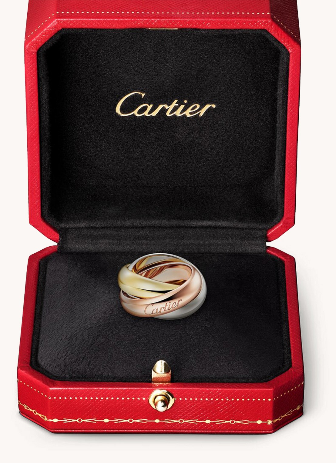 Cartier Trinity XL ring van 18 karaat geel- rosé - en witgoud CRB4239800 - detail goud