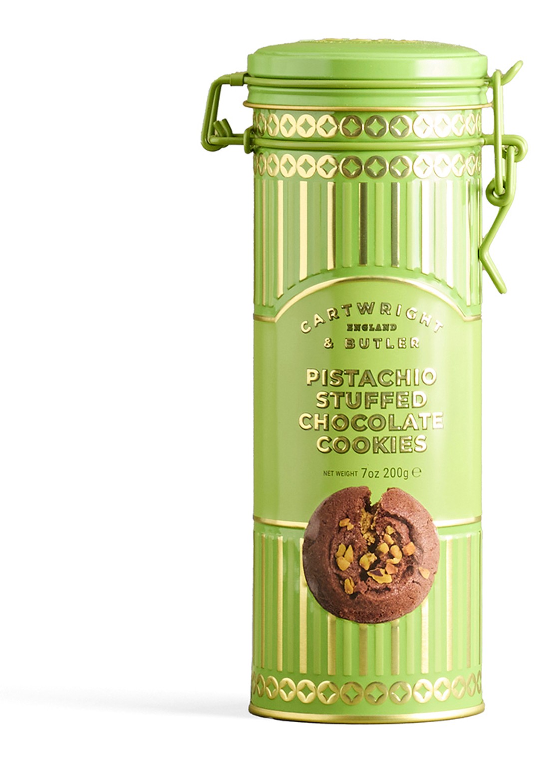 Cartwright & Butler Chocoladekoekjes gevuld met pistache in blik 200 gram - voorkant beige