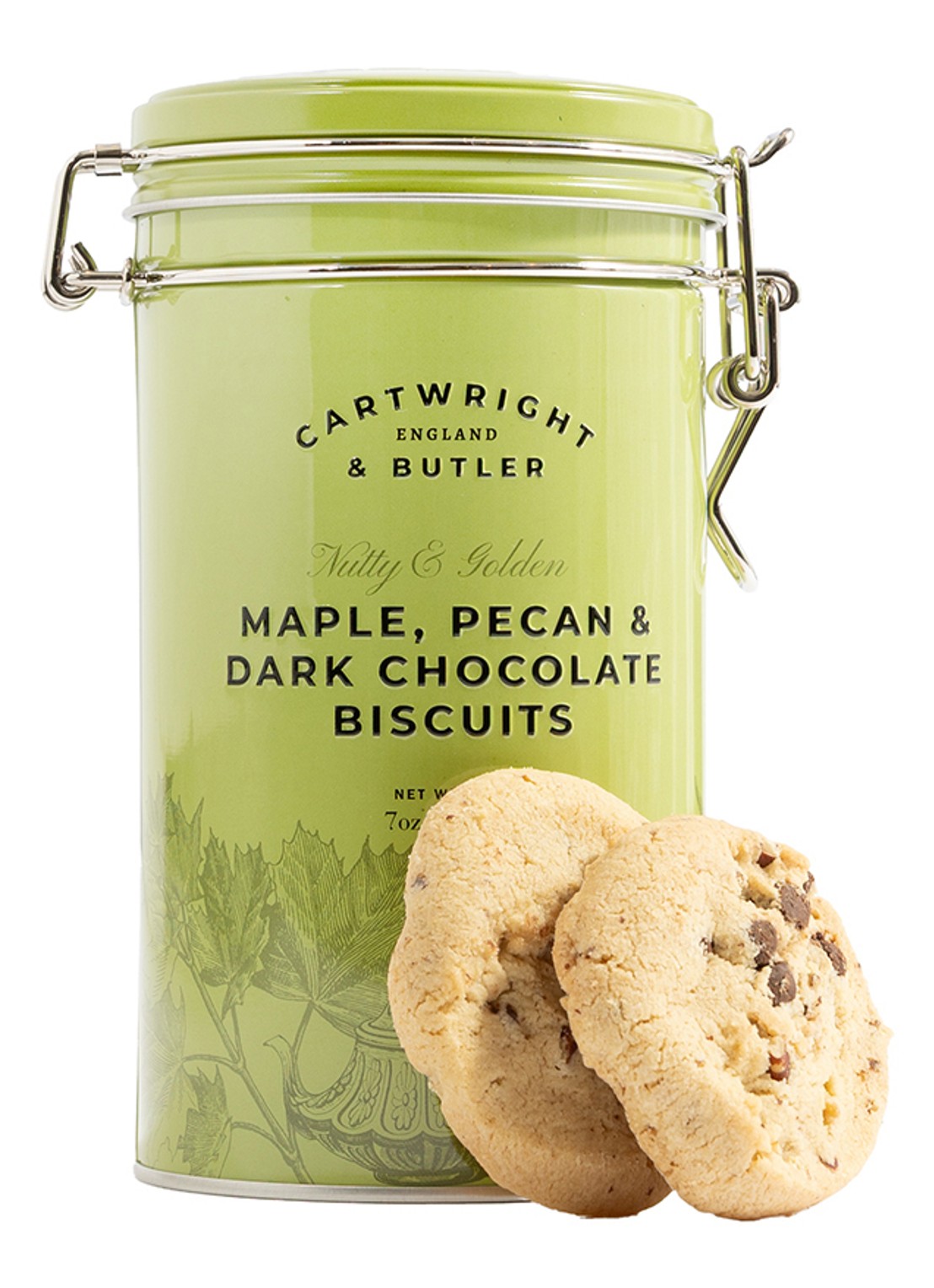 Cartwright & Butler Koekjes met ahorn, pecan en pure chocolade in blik 200 gram - voorkant beige