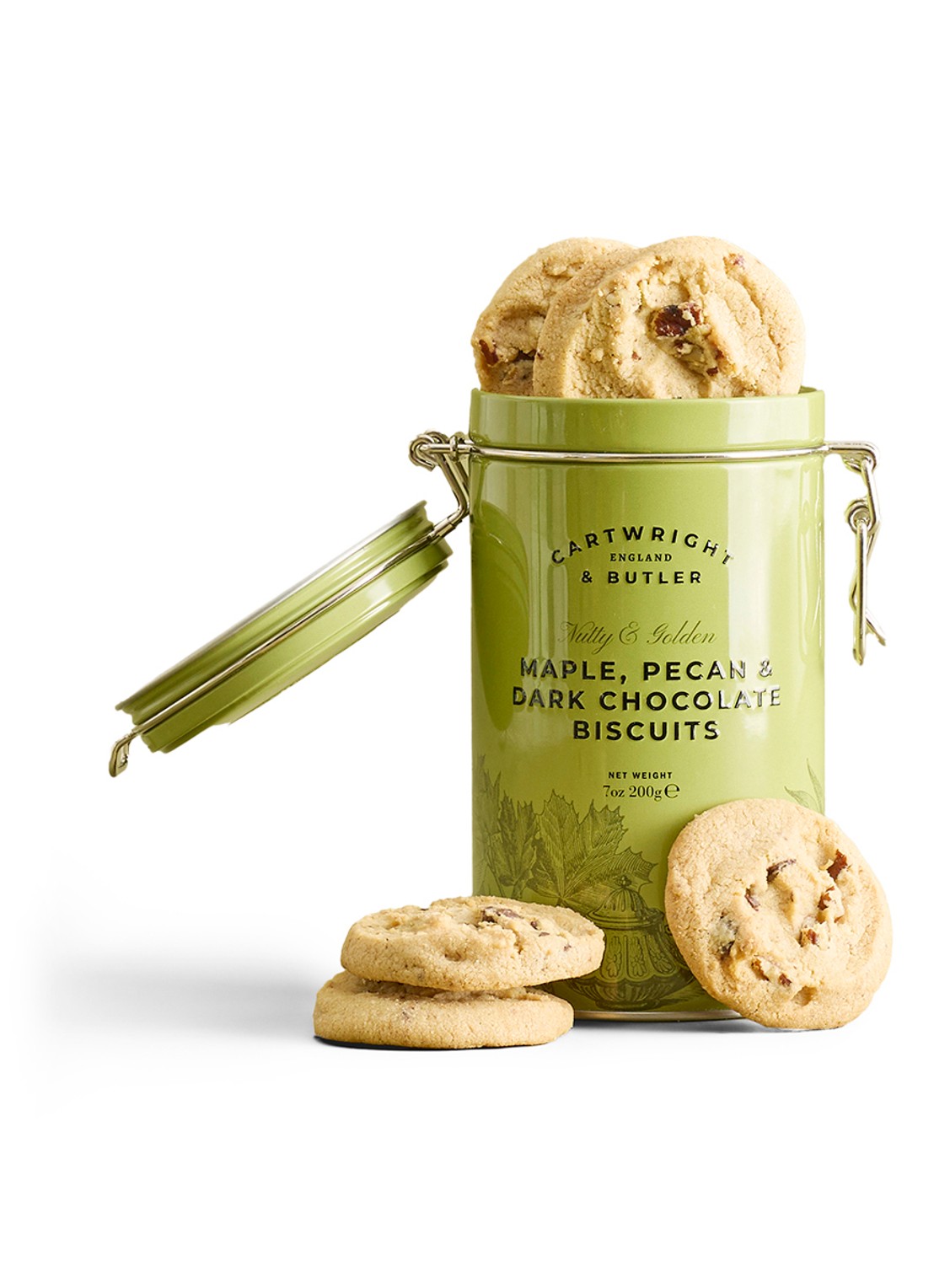 Cartwright & Butler Koekjes met ahorn, pecan en pure chocolade in blik 200 gram - voorkant 2 beige