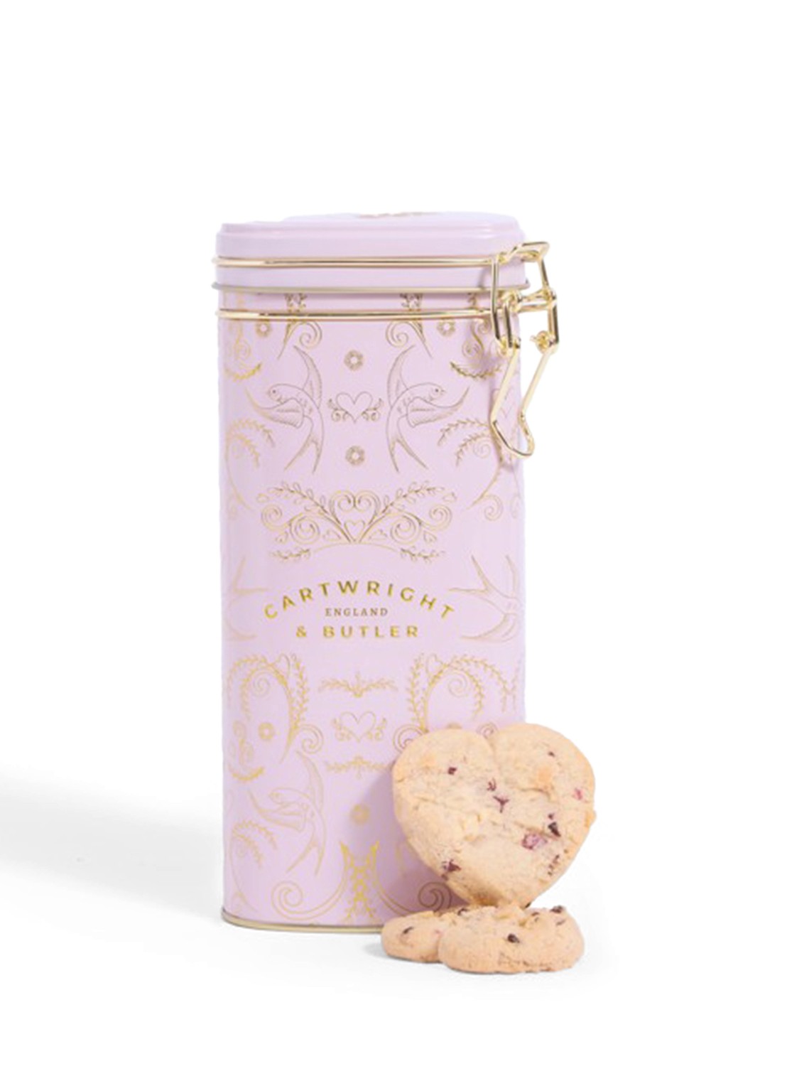 Cartwright & Butler Koekjes met framboos en witte chocolade in blik 200 gram - voorkant 2 beige