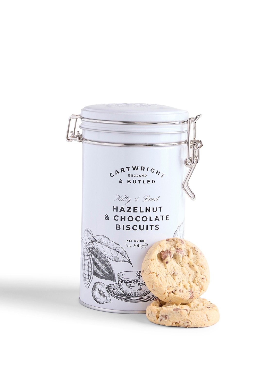 Cartwright & Butler Koekjes met hazelnoot en chocolade in blik 200 gram - voorkant beige