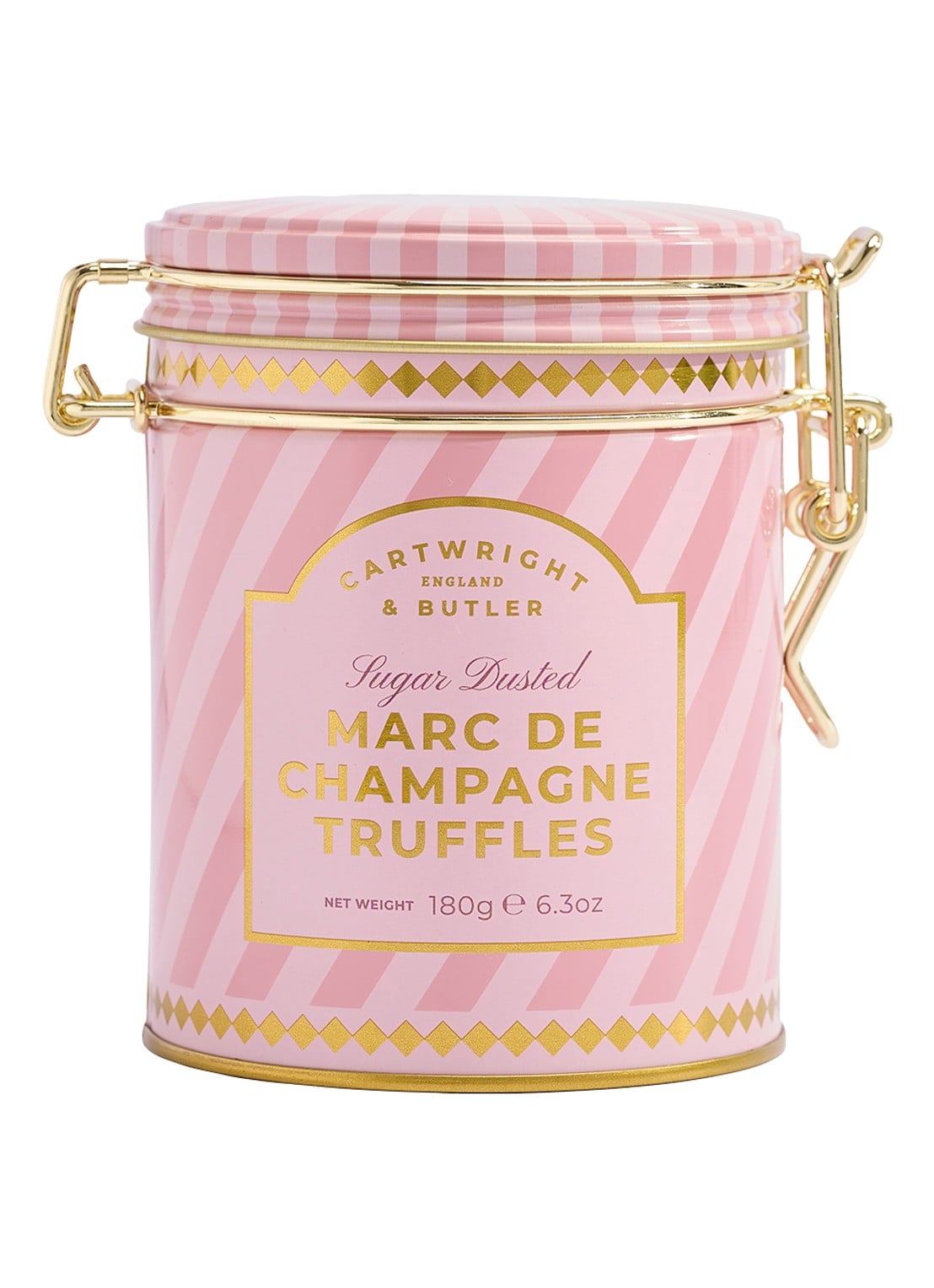 Cartwright & Butler Marc de Champagne truffels in blik 180 gram - voorkant beige