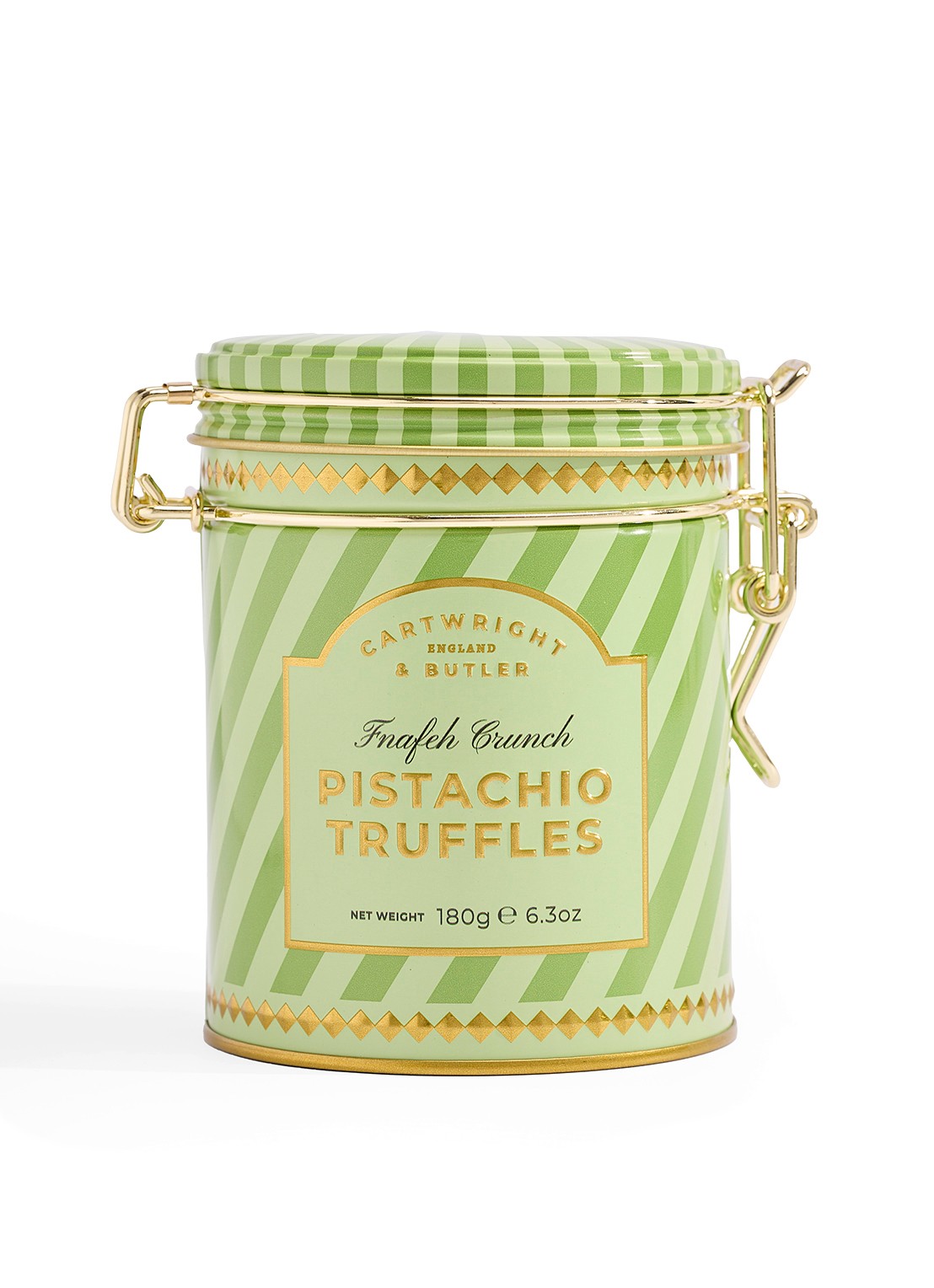 Cartwright & Butler Pistache truffels in blik 180 gram - voorkant beige