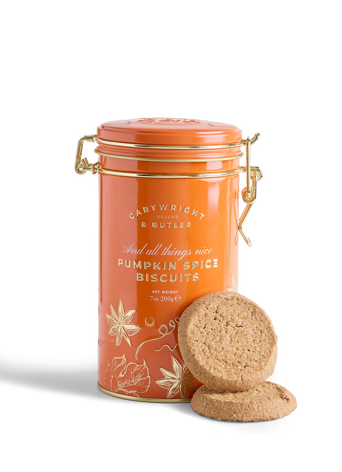 Cartwright & Butler Pumpkin Spice koekjes in blik 200 gram - voorkant beige