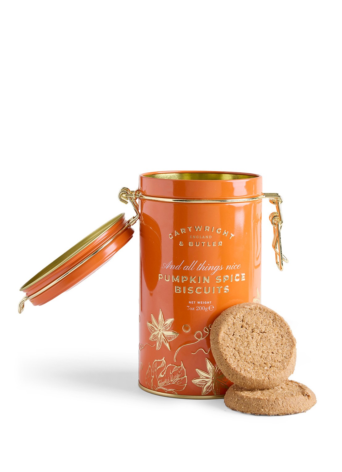 Cartwright & Butler Pumpkin Spice koekjes in blik 200 gram - voorkant 2 beige