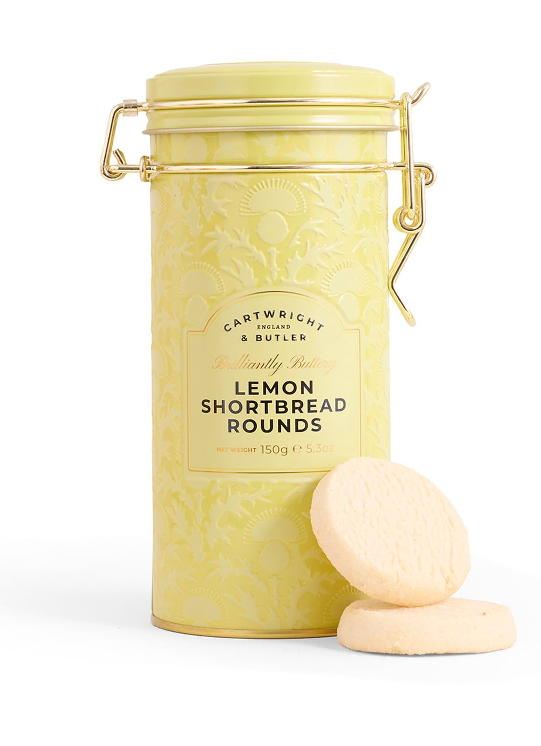 Cartwright & Butler Shortbread koekjes met citroenrasp in blik 150 gram - voorkant beige