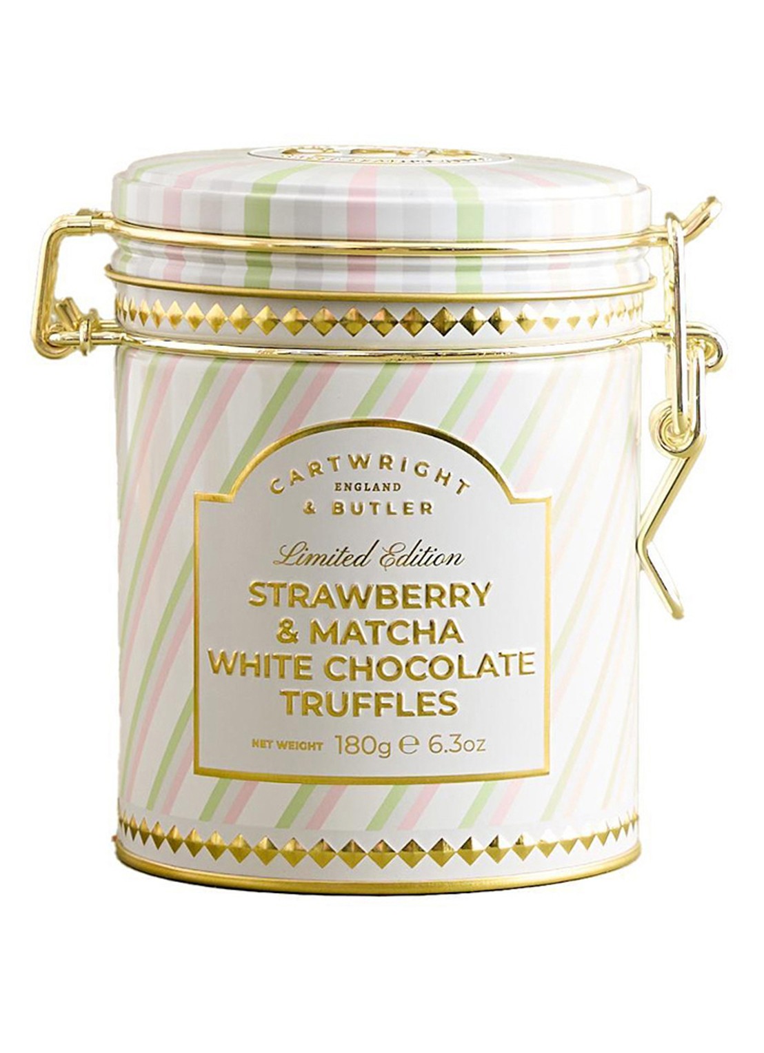 Cartwright & Butler Truffels van witte chocolade met aardbei en matcha in blik 180 gram - voorkant beige