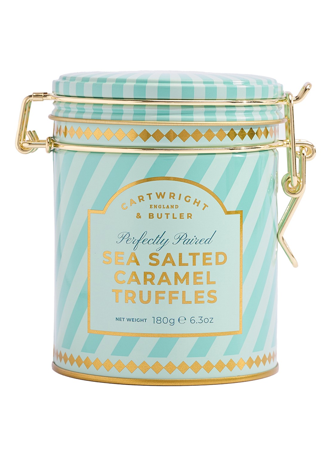 Cartwright & Butler Zeezout-karamel truffels in blik 180 gram - voorkant beige