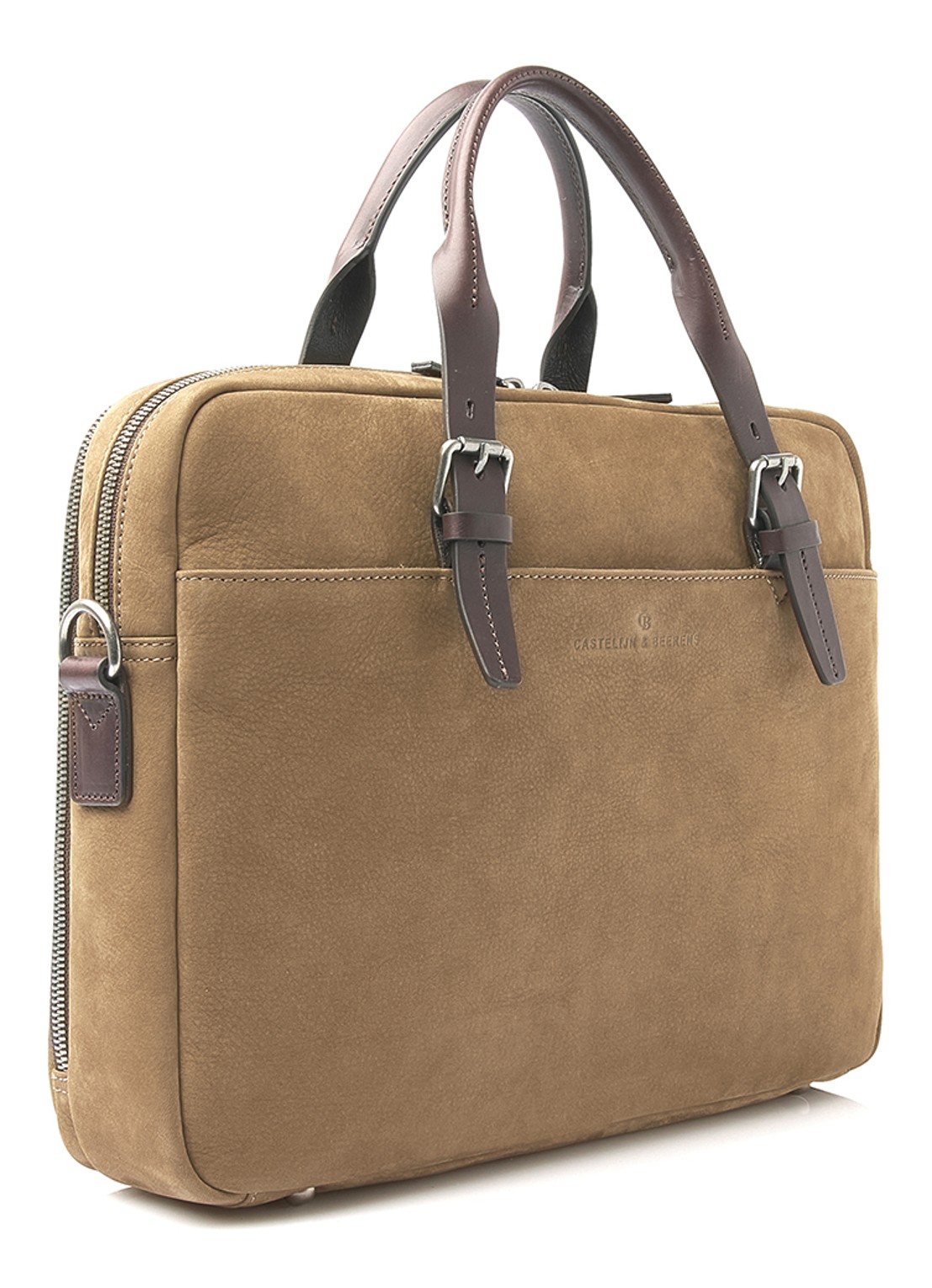 Castelijn & Beerens Laptoptas van nubuck met 15 inch laptopvak - voorkant 3 camel