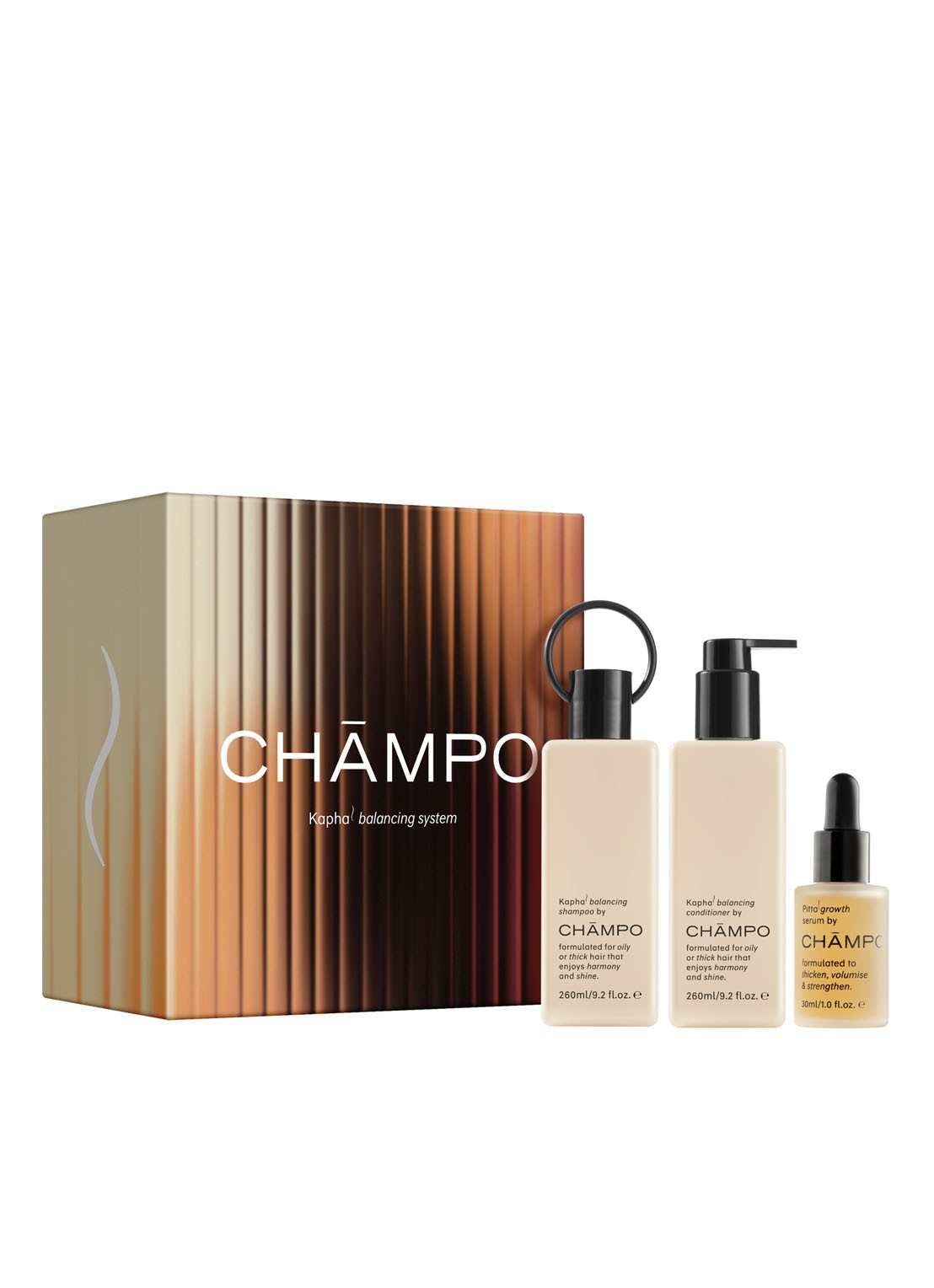 Chāmpo Kapha Balancing System - Limited Edition haarverzorgingsset - voorkant beige