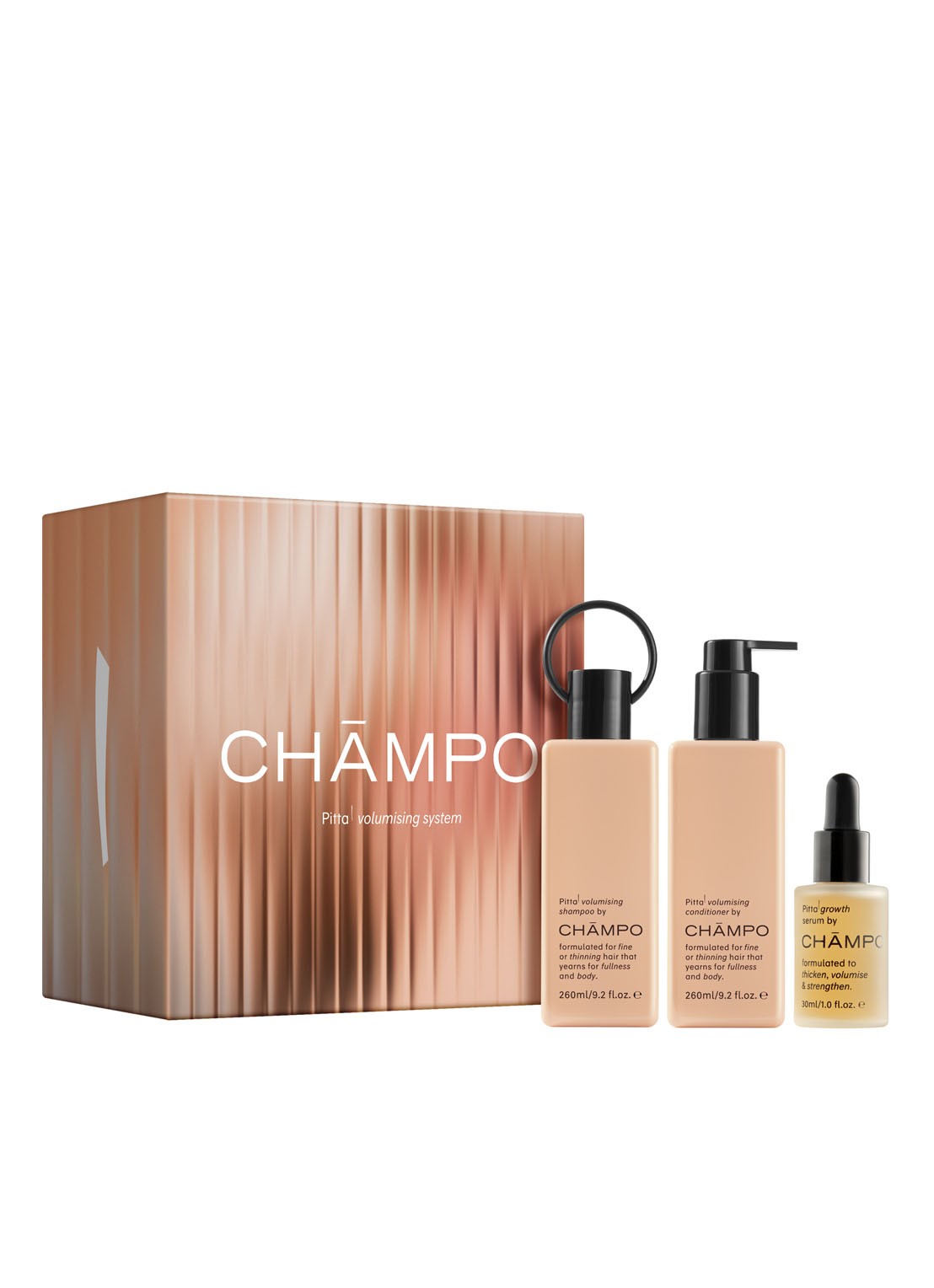 Chāmpo Pitta Volumising System Set - Limited Edition haarverzorgingsset  - voorkant beige