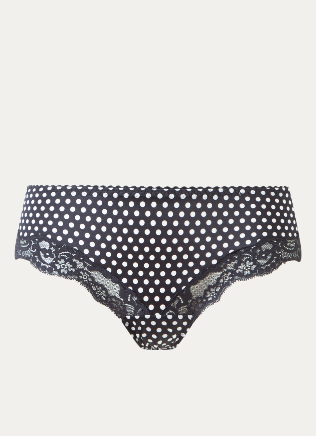 Chantelle Gloss shorty met stippenprint en kant - voorkant zwart